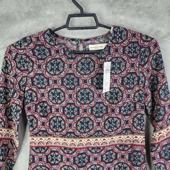 Womens Abercrombie & Fitch Retro Print Dress 3/4 Sleeve Round Neck Size XS - Picture 4 of 14